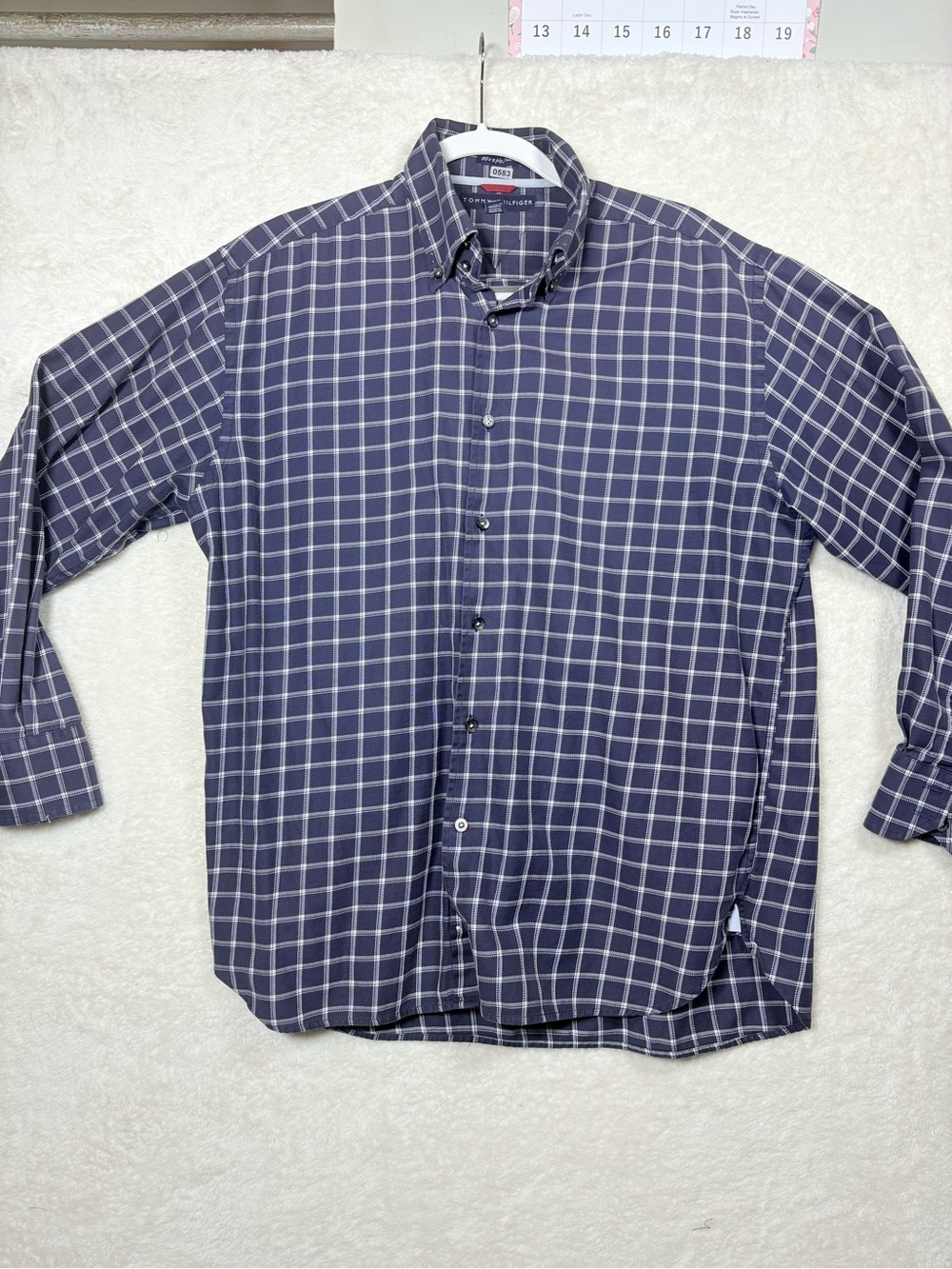 Tommy Hilfiger Men's Navy and White Windowpane Button-Down Shirt M 0583